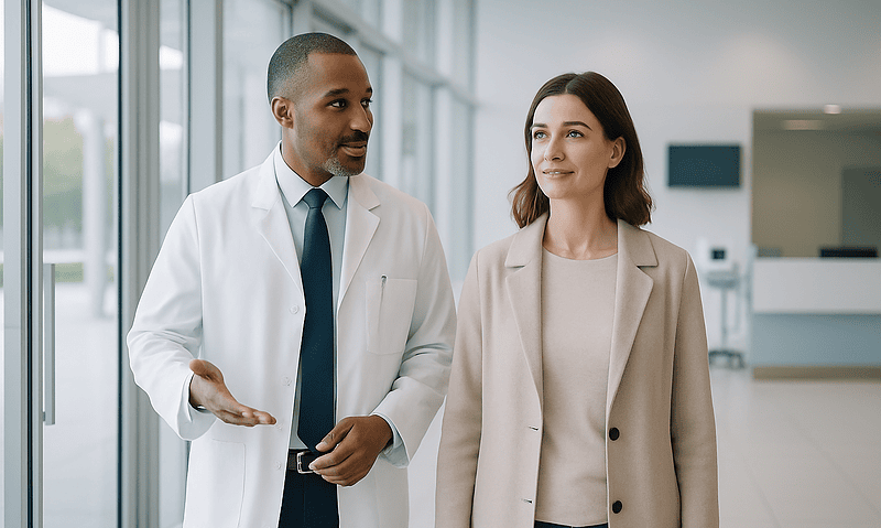 Doctor and patient having a conversation in a modern hospital lobby.