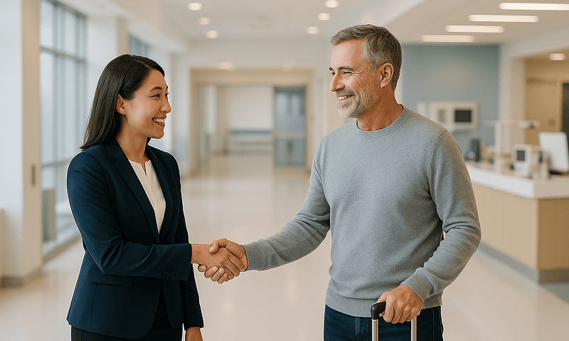 Patient shaking hands with hospital staff in a modern healthcare facility.