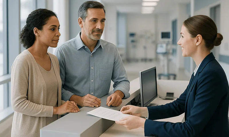 Patient consulting with hospital staff in a modern medical facility.