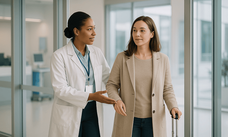 Female doctor talking to a woman with luggage at the hospital.