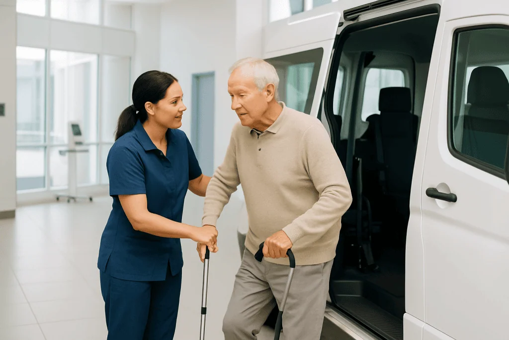 Flying to Turkey with a CPAP Machine: What Patients Should Plan 1 Caregiver helping elderly man with walking aid outside hospital van.