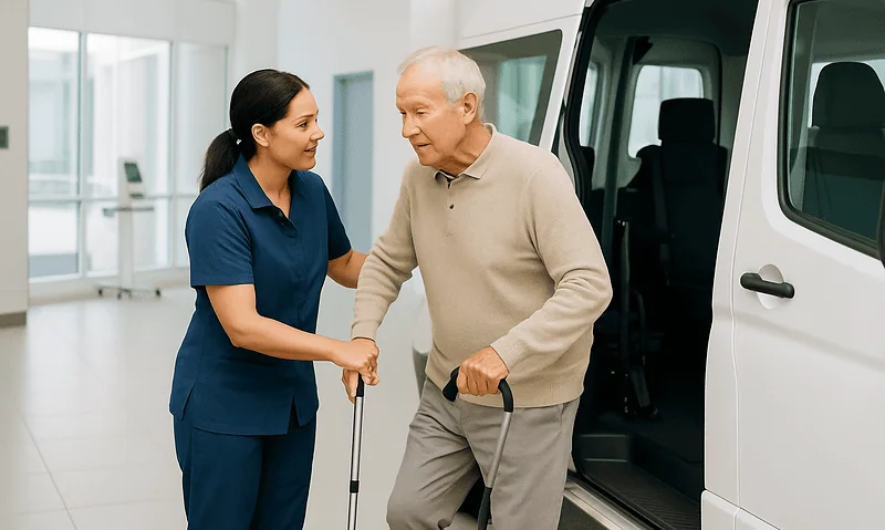 Caregiver helping elderly man with walking aid outside hospital van.