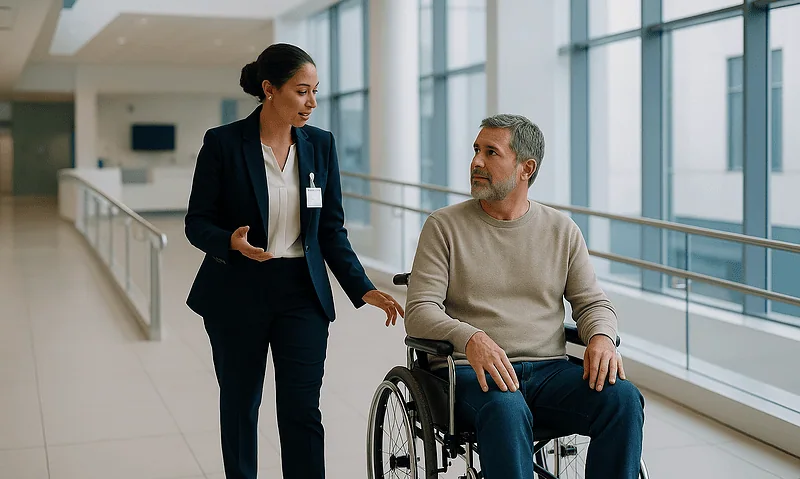 Healthcare professional assisting a wheelchair user in a modern hospital corridor.