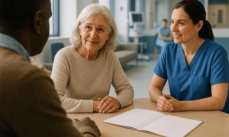 Elderly woman consulting with healthcare professional in hospital setting.