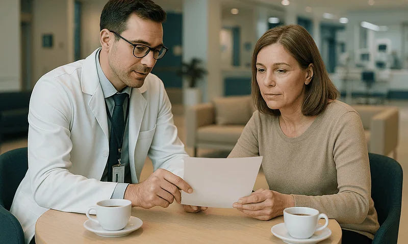 Doctor discussing test results with a female patient in a hospital lounge.