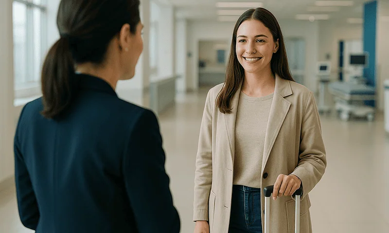 Smiling woman at hospital reception talking to staff member.