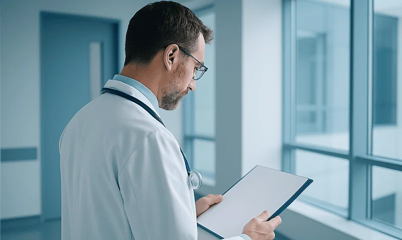 Doctor reviewing patient records in a hospital corridor with large windows.