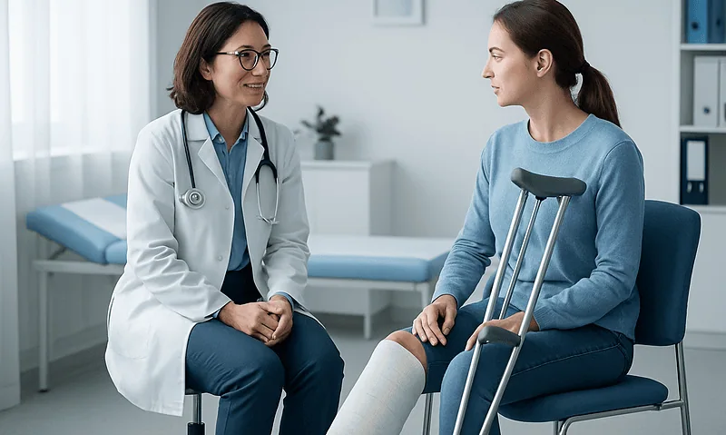 Doctor consulting a patient with a broken leg in a medical office.