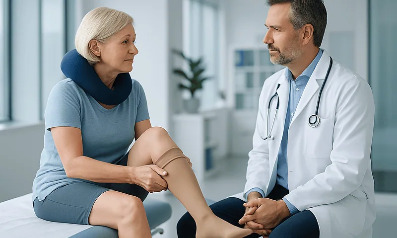 Doctor examining a woman's leg in a medical consultation room.