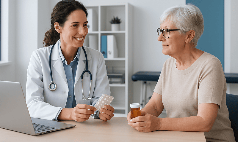 Doctor consulting with elderly patient about medication in clinic setting.