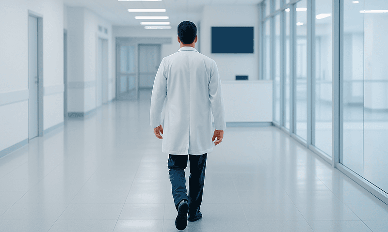 Doctor walking in a modern hospital corridor with glass walls and bright lighting.