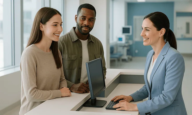 Patients consulting with a healthcare professional at a hospital reception desk.
