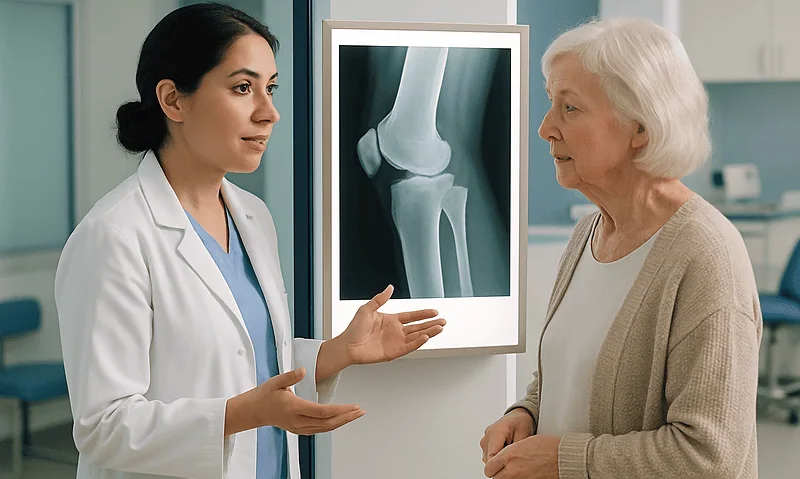 Doctor explaining knee X-ray to elderly patient at Acibadem Hospital.