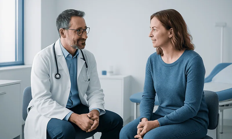 Doctor consulting with a female patient in a medical office.