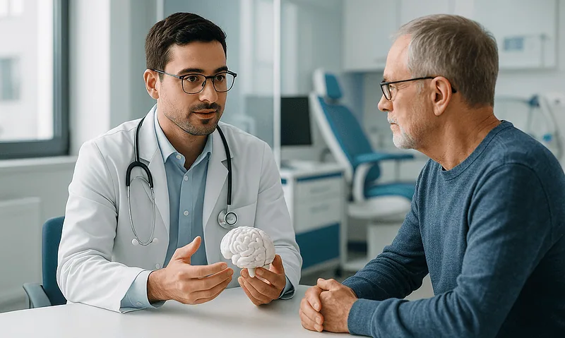 Doctor explaining FND treatment options to a patient in a hospital setting.