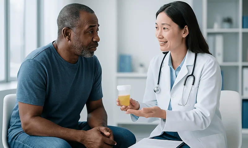 Doctor explaining urine test results to patient in clinic setting.