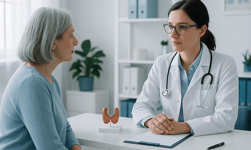 Doctor consulting with an elderly woman about thyroid health.