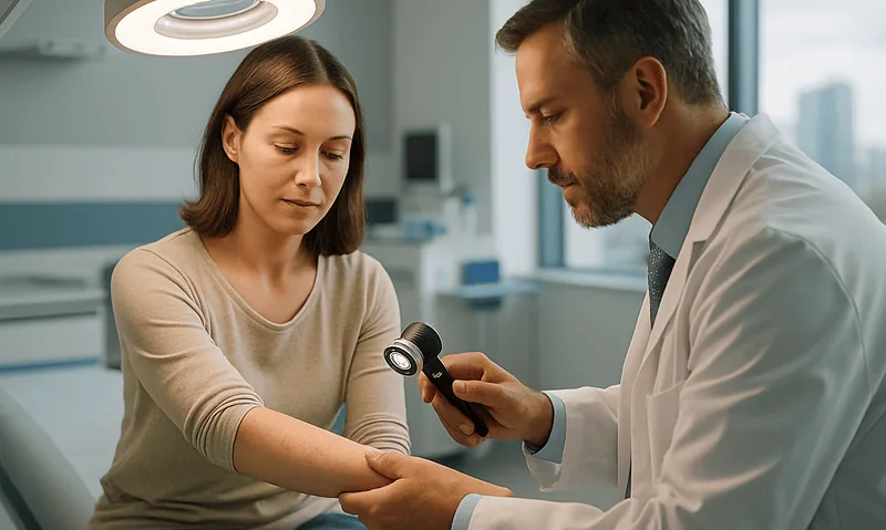 Doctor examining patient's skin in a medical clinic setting.