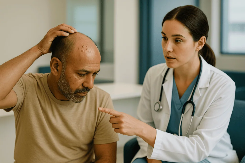 Doctor examining patient's scalp during medical consultation: Folliculitis after hair transplant: the pimples nobody mention