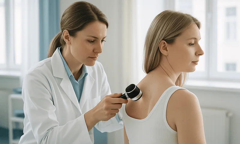 Dermatologist examining patient's skin with a dermatoscope in a clinical setting.
