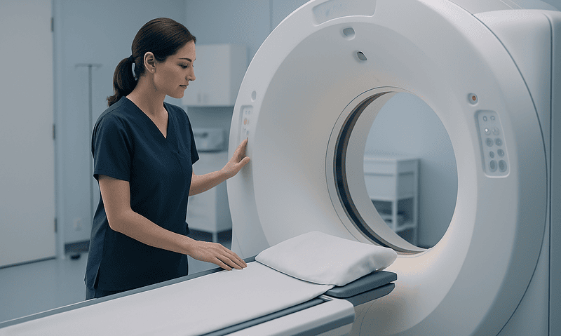 Medical professional prepares MRI scan in a modern hospital setting.