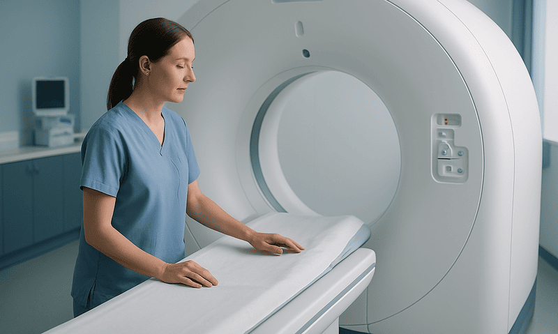 Female healthcare professional preparing for MRI scan in hospital.