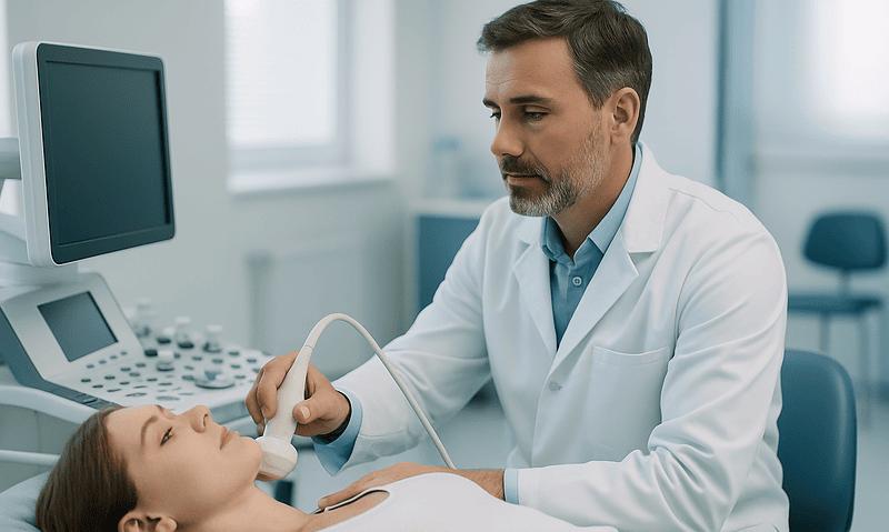 Doctor performing ultrasound on a patient in a medical clinic.