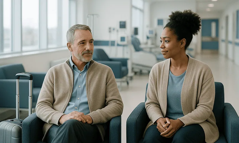 Patient and doctor having a consultation in a hospital waiting area.