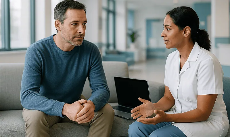 Doctor consulting with patient in a modern hospital setting.
