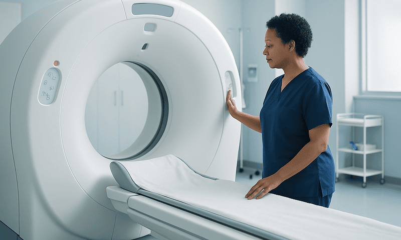 Medical professional preparing a patient for a CT scan at Acibadem Hospital.