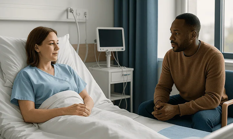 Patient and caregiver discussing treatment in hospital room.