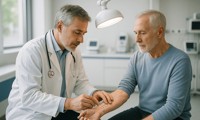 Doctor examining elderly patient's arm in a clinical setting.