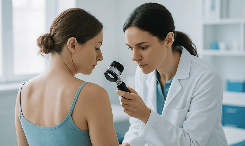 Doctor examining patient's skin for allergy testing with a magnifying glass.