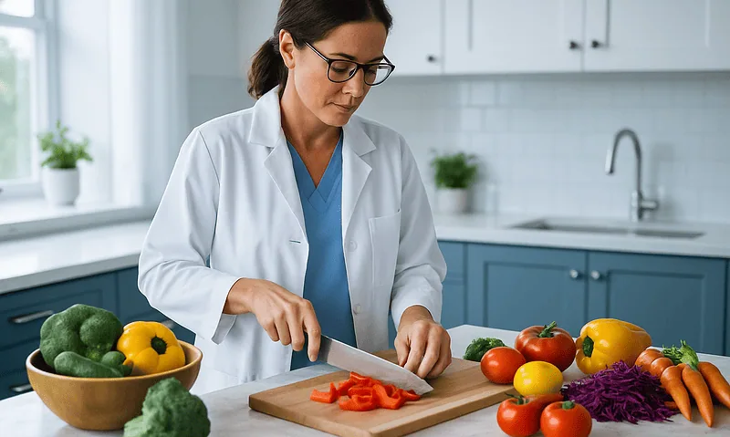 Female nutritionist preparing vegetables in a modern kitchen.