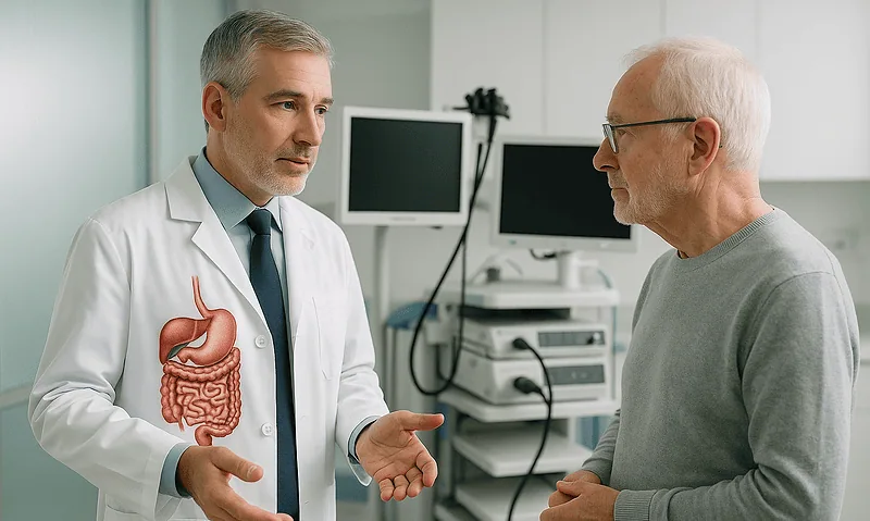 Doctor explaining stomach issues to an elderly patient in a medical office.