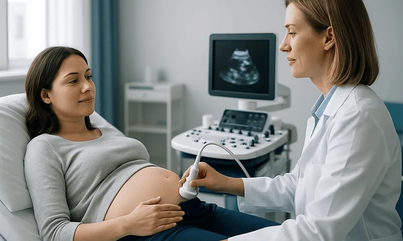 Doctor performing an ultrasound on pregnant woman in a hospital.