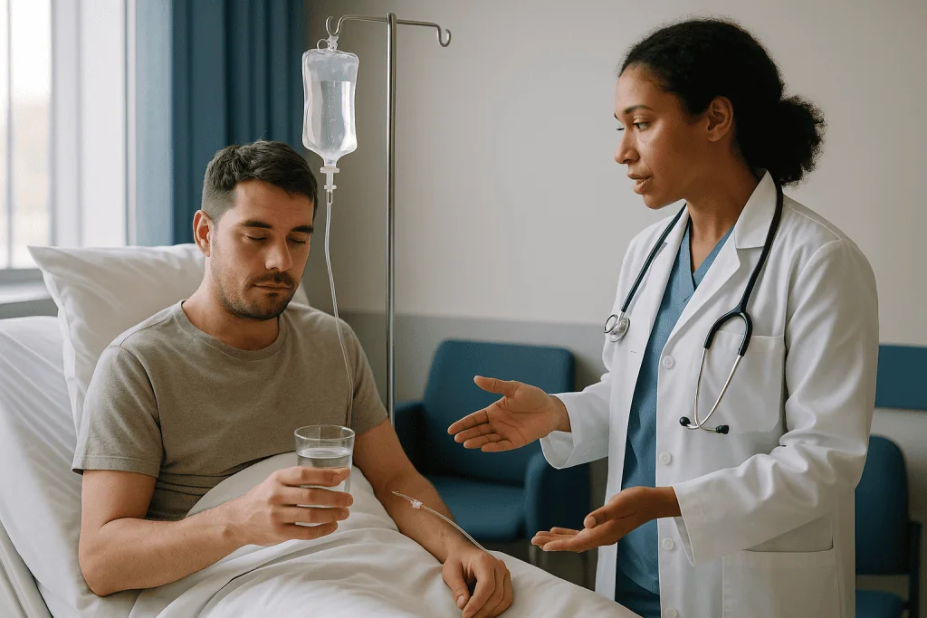 Doctor consulting with hospitalized patient holding water glass: Food poisoning IV fluids: why rehydration is the core of tr