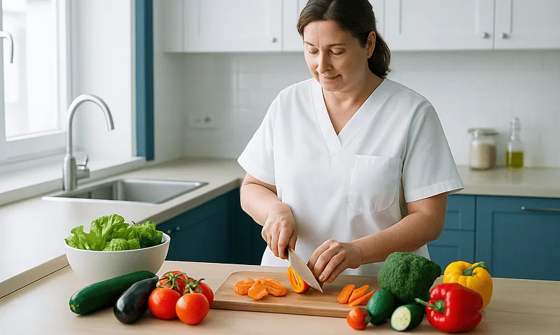 Female chef preparing vegetables in a modern kitchen for healthy eating.