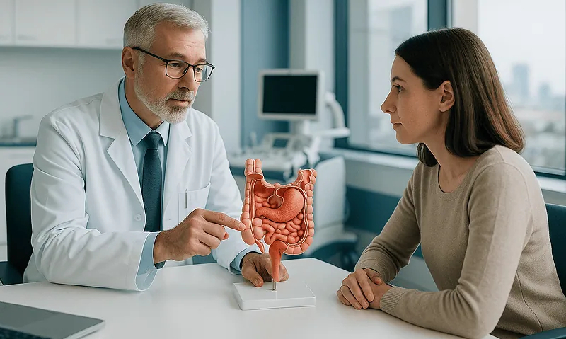 Doctor explaining digestive system to a patient in a medical consultation.
