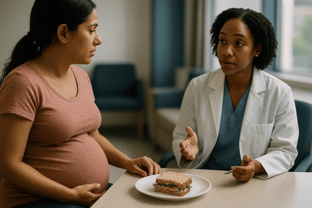 Pregnant woman in consultation with female healthcare provider: Food poisoning while pregnant: what changes for you and the 