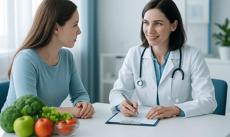Doctor consulting with a patient in a medical office with fresh vegetables on the table.