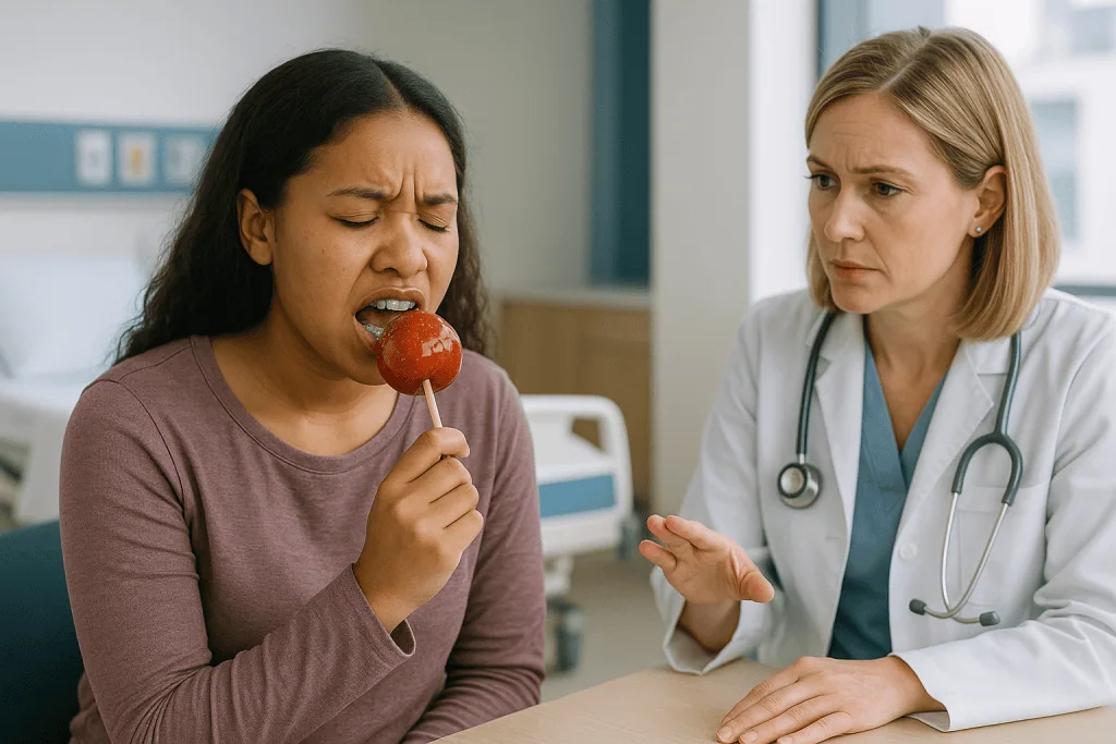 Doctor consulting patient eating lollipop in clinic: Foods to avoid with braces: the ones that break brackets