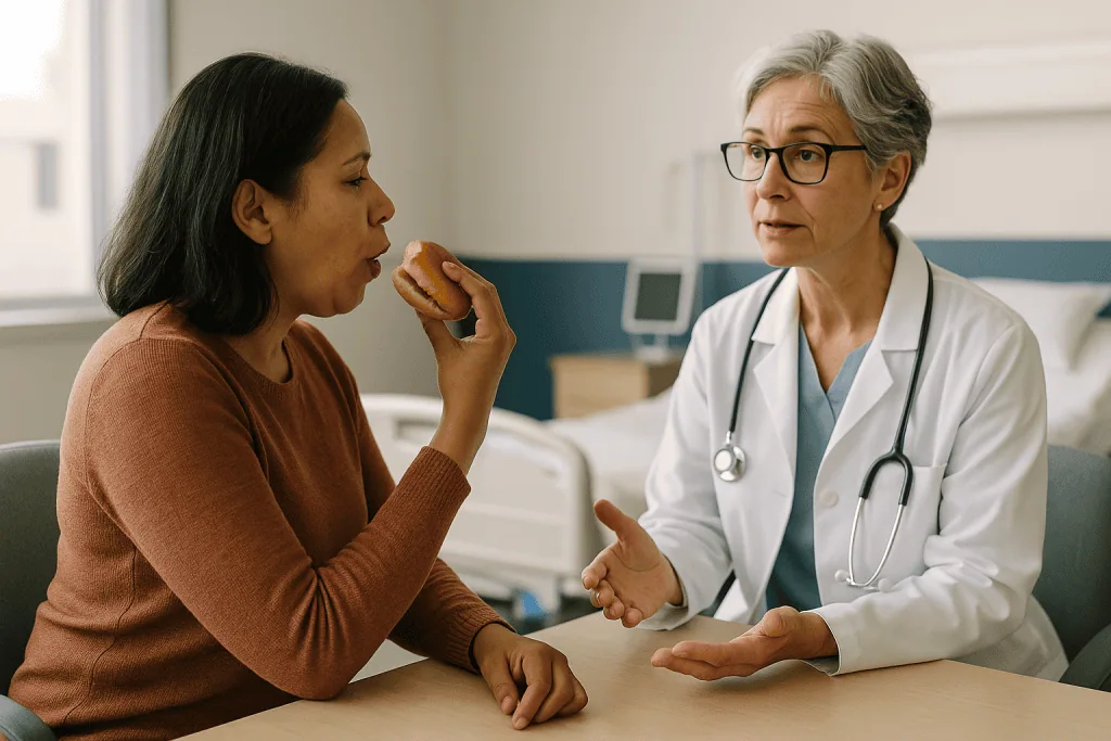 Doctor consulting patient about oral health issue: Foods to pause before a halitosis appointment