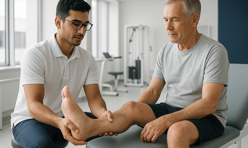 Doctor examining patient's foot in a medical clinic setting.