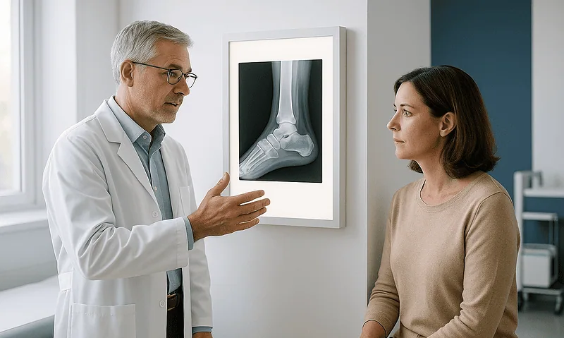 Doctor explaining ankle X-ray to patient in a medical clinic.