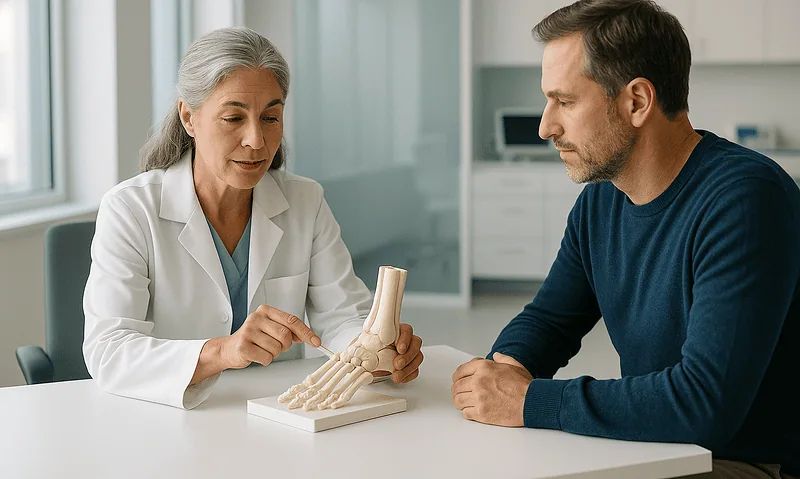 Doctor explaining foot anatomy with a model to a patient in a clinic setting.