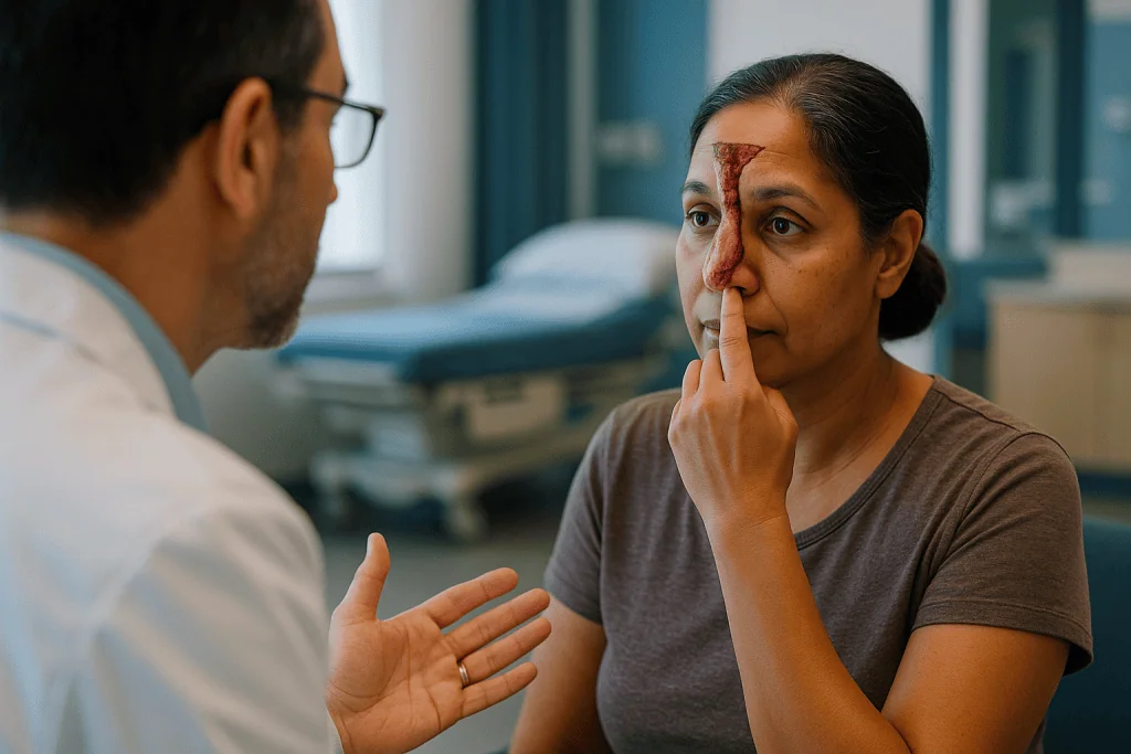 Doctor examining patient's nose and facial injury: Forehead flap recovery: keeping a flap alive between stages