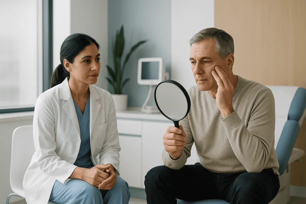 Forehead Lift 1 Patient consulting with doctor about forehead lift procedure at Acibadem Hospital.