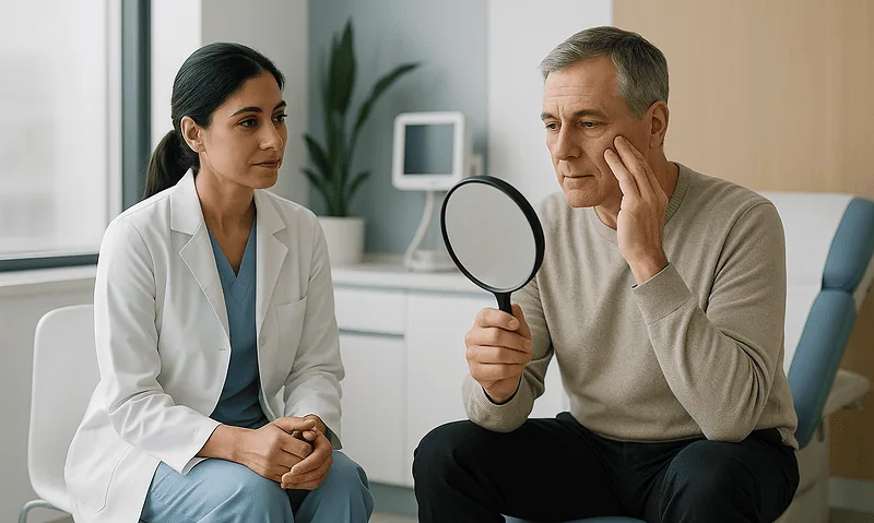 Patient consulting with doctor about forehead lift procedure at Acibadem Hospital.