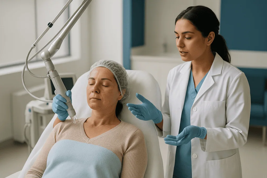Dermatologist performing laser treatment on patient face: Fractional CO2 laser vs non-ablative: why fractional changed the c